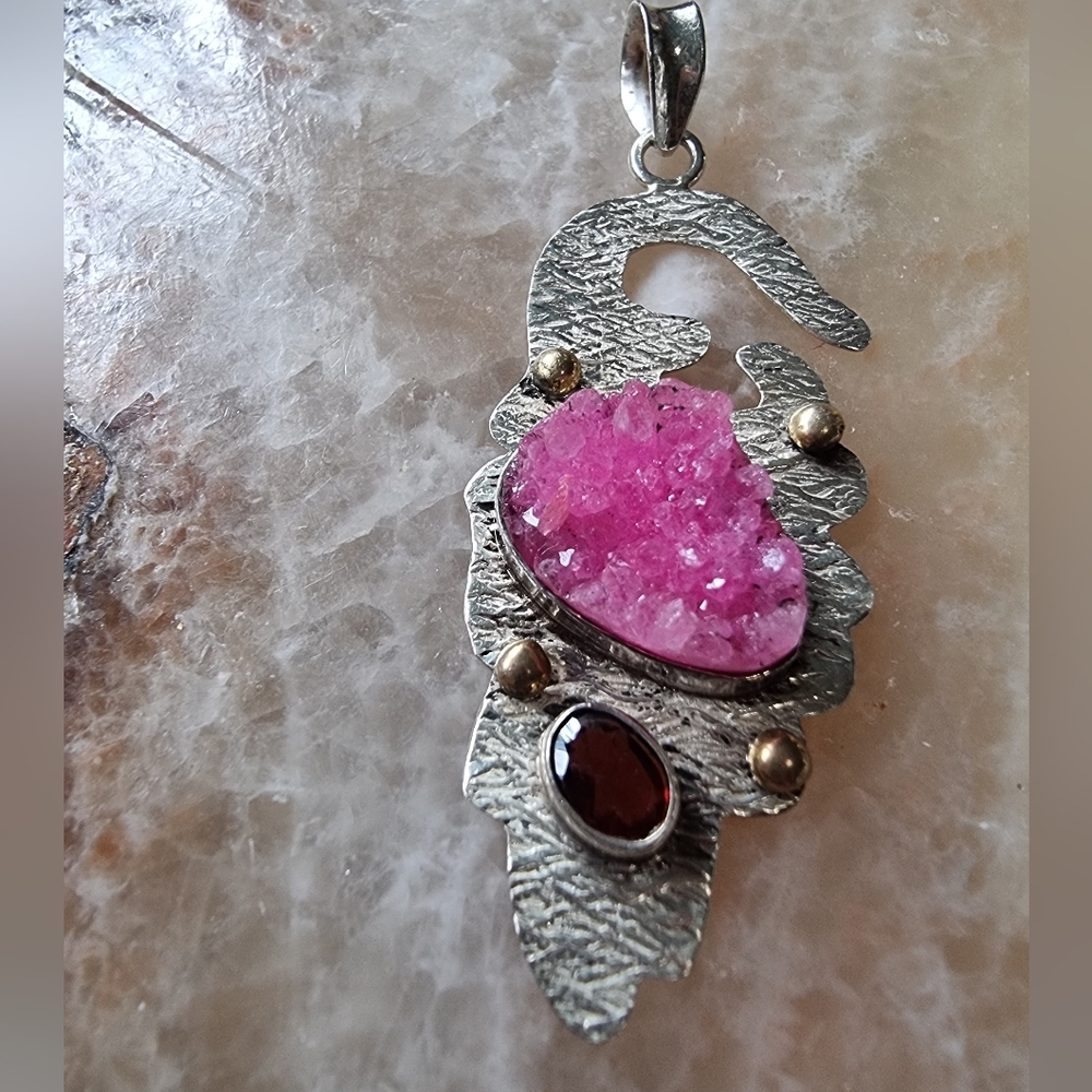 Pink Druzy and Ruby Sterling Silver Pendant